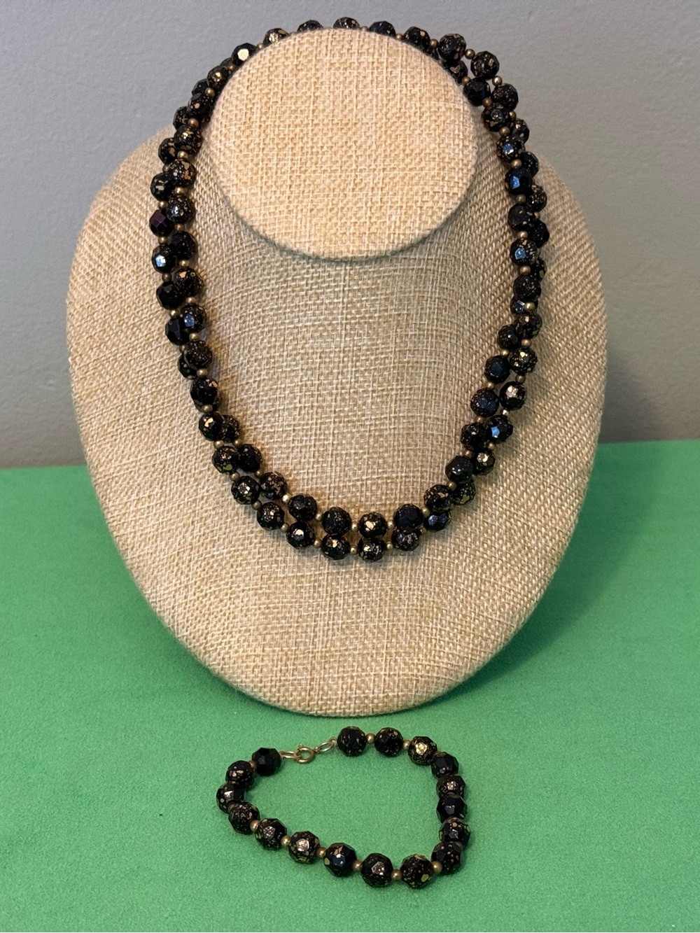 AB Crystal Black Faceted Speckled Bead Necklace with Gold Accent Detail